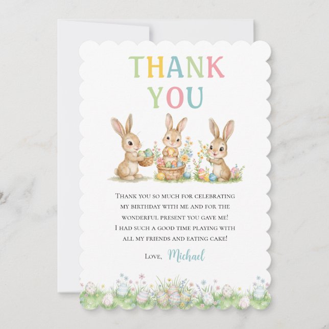 Easter Bunny Boy First Birthday Thank You Card (Front)