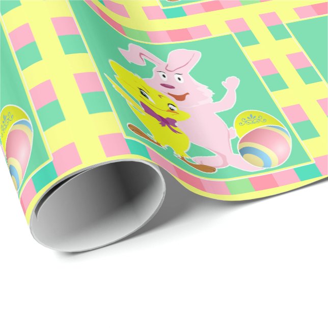 Easter Bunny Chick and Eggs On Plaid Wrapping Paper (Roll Corner)
