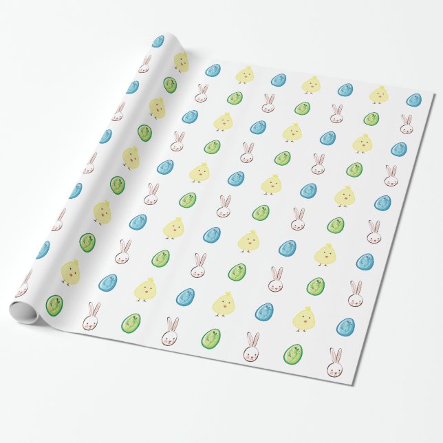 Easter Bunny, Chick & Easter Eggs Wrapping Paper (Unrolled)