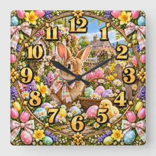 Easter Bunny & Chick Spring Garden Square Wall Clock