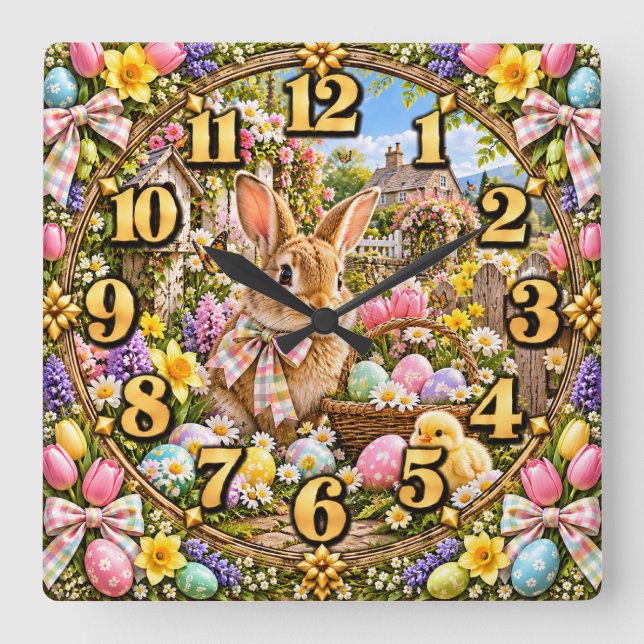 Easter Bunny & Chick Spring Garden Square Wall Clock (Front)