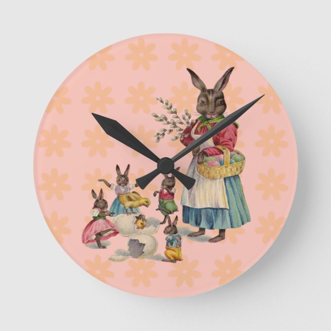Easter Bunny Chicken Bunny Eggs Round Clock (Front)