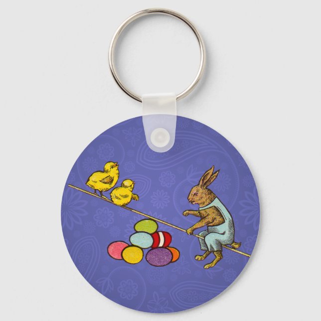 Easter Bunny chickens eggs illustration Key Ring (Front)