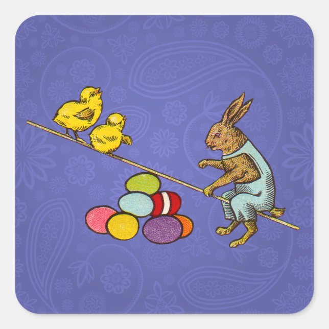 Easter Bunny chickens eggs illustration Square Sticker (Front)