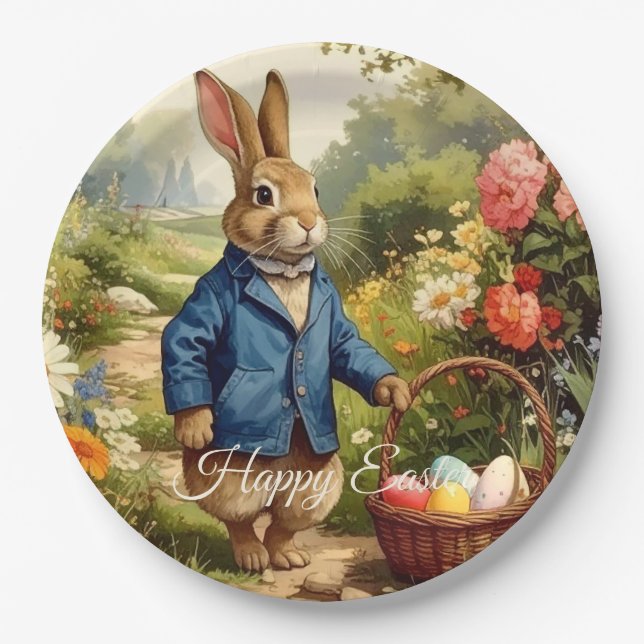 Easter Bunny Collecting Easter Eggs Paper Plate (Front)