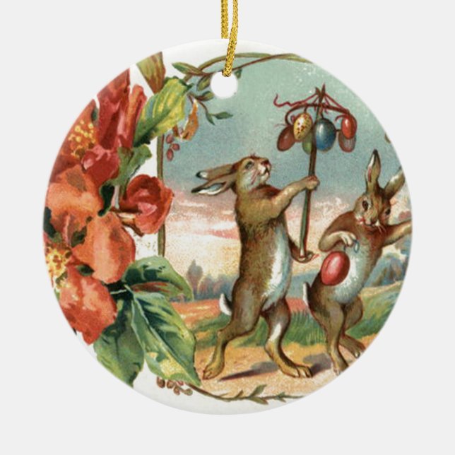 Easter Bunny Coloured Egg Red Flower Ceramic Tree Decoration (Front)