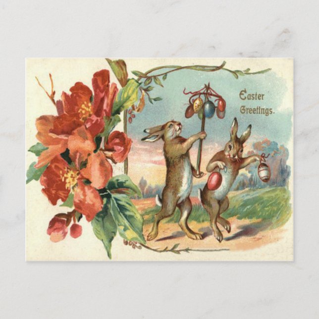 Easter Bunny Coloured Egg Red Flower Holiday Postcard (Front)