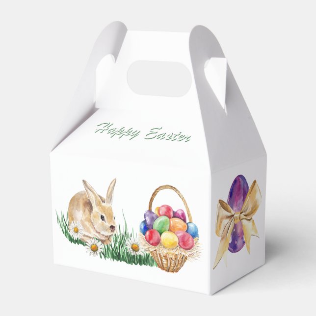 Easter bunny, colourful eggs and daisy favour box (Front Side)