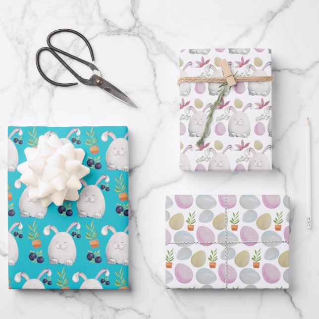 Easter Bunny Colourful Watercolor Pattern Wrapping Paper Sheet (Front)