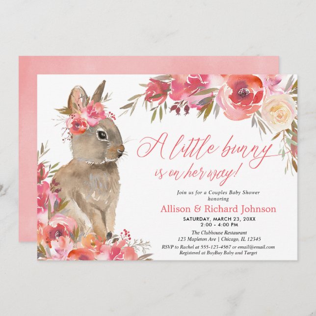 Easter bunny couples baby shower pink floral invitation (Front/Back)