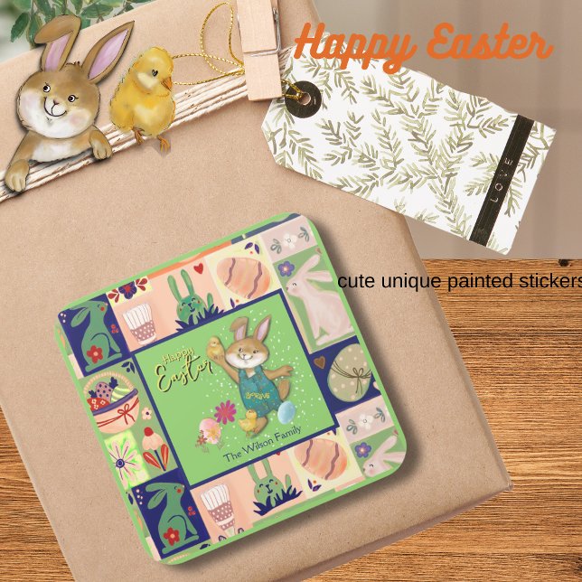 Easter Bunny  Custom Colourful   Square Sticker (Easter Bunny Custom Colorful Square Sticker)