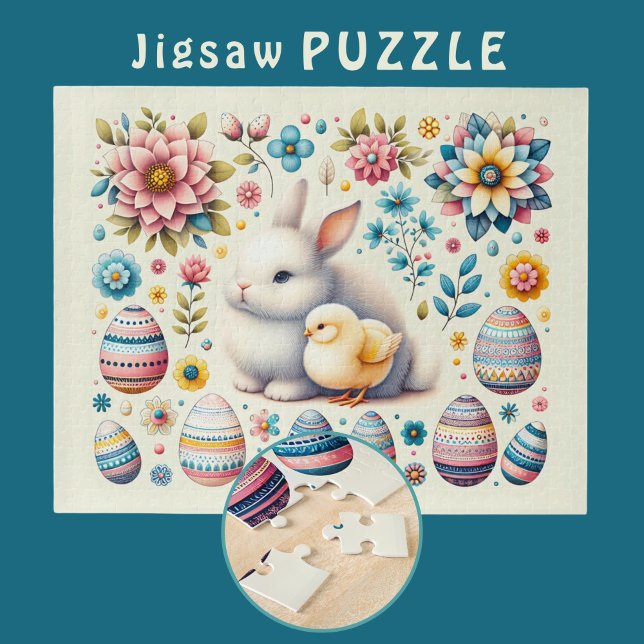 Easter Bunny cute Chick Eggs Flowers Pattern -  Jigsaw Puzzle (Creator Uploaded)