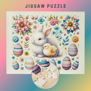Easter Bunny cute Chick Eggs Flowers Pattern - Jigsaw Puzzle