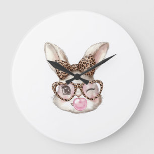 Easter Bunny Cute Glasses Leopard Bunny Rabbit Eas Large Clock