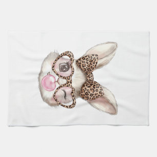 Easter Bunny Cute Glasses Leopard Bunny Rabbit Eas Tea Towel
