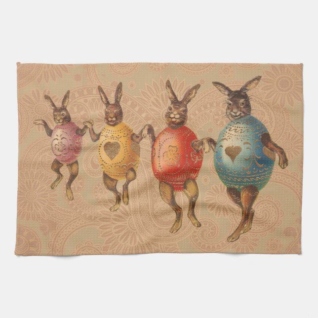 Easter Bunny Dancing Eggs Tea Towel (Horizontal)