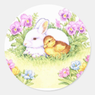 Easter Bunny, Duckling and Flowers Classic Round Sticker