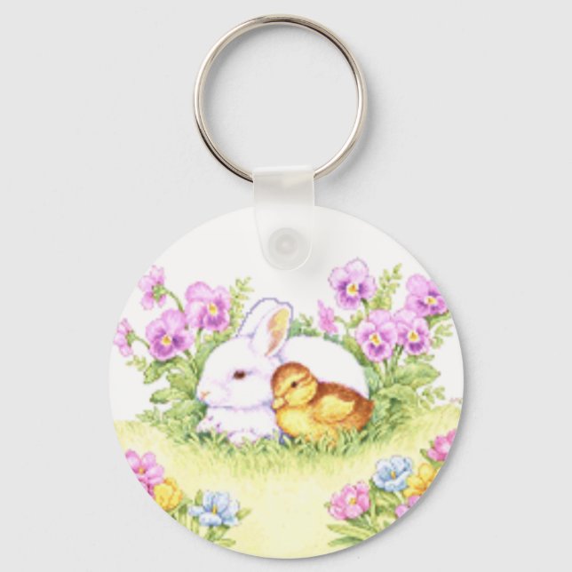 Easter Bunny, Duckling and Flowers Key Ring (Front)