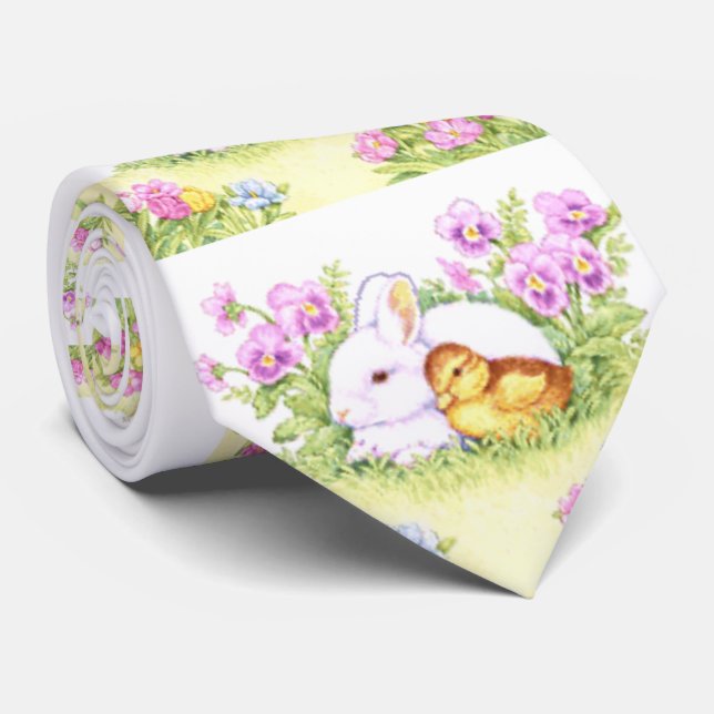 Easter Bunny, Duckling and Flowers Tie (Rolled)