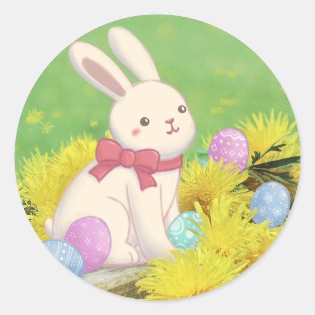 Easter Bunny, Easter Eggs & Flowers Illustration Classic Round Sticker (Front)