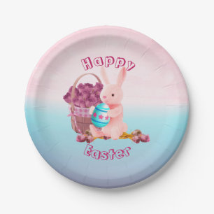 Easter Bunny, Egg, & Flower Basket Pink & Blue Paper Plate