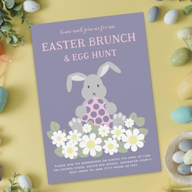 Easter Bunny Egg Hunt and Brunch Floral Invitation (Modern Easter egg hunt spring brunch cute bunny spring floral invitation Pink whimsical script)