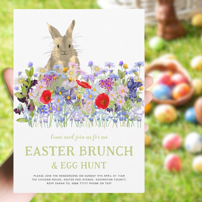 Easter Bunny Egg Hunt and Brunch Floral Invitation (Easter brunch and egg hunt cute bunny floral watercolor spring party invitation )