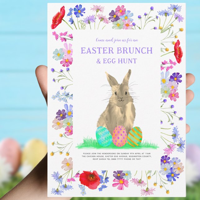 Easter Bunny Egg Hunt and Brunch Wildflower Invitation (Easter Egg hunt and Brunch cute Easter bunny and colorful wildflower watercolor floral)