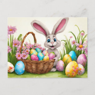 Easter Bunny Egg Hunt in Spring Flower Garden  Holiday Postcard