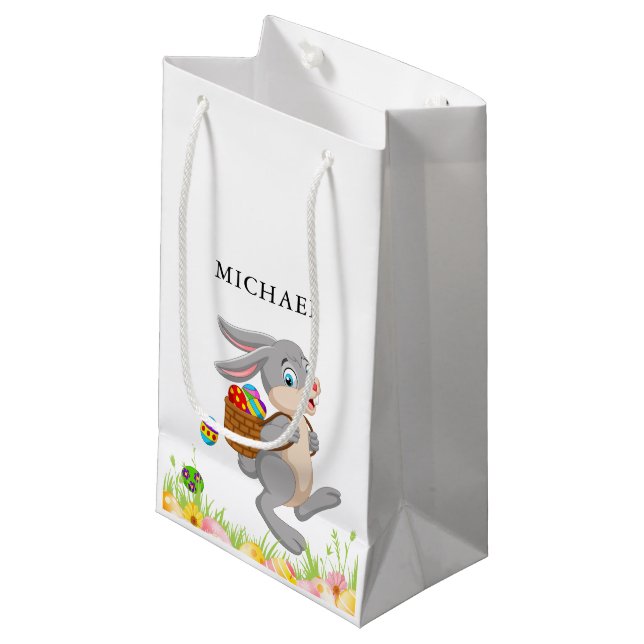 Easter Bunny Egg Hunt Personalised Kid Name Small Gift Bag (Front Angled)