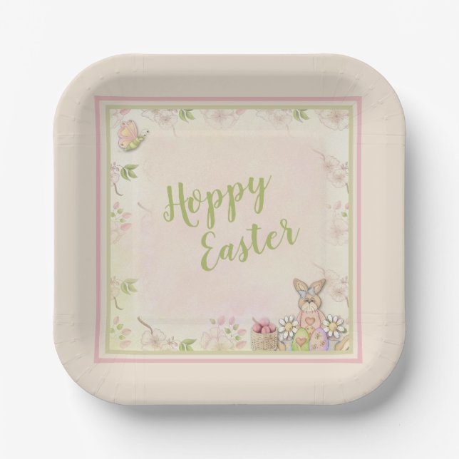 Easter Bunny, Eggs and Flowers - Hoppy Easter   Paper Plate (Front)