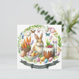 Easter Bunny Eggs Carrots Illustration  Holiday Card