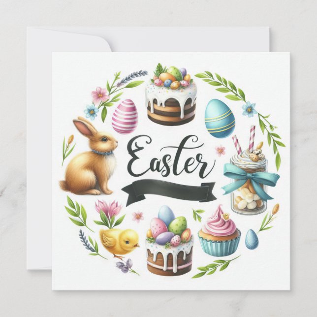 Easter Bunny Eggs Chick Illustration  Holiday Card (Front)