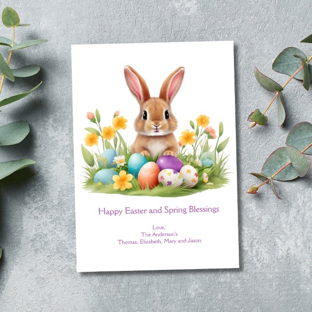 Easter Bunny Eggs Grass Spring Flowers Holiday Card (Personalized Easter Bunny Greeting Card. Easter bunny sitting in grass with flowers and Easter eggs)