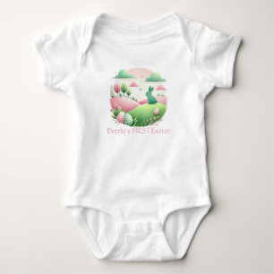 Easter Bunny Eggs Landscape Green Pink Baby Bodysuit