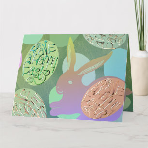 Easter Bunny Eggs on Blue Green  Card