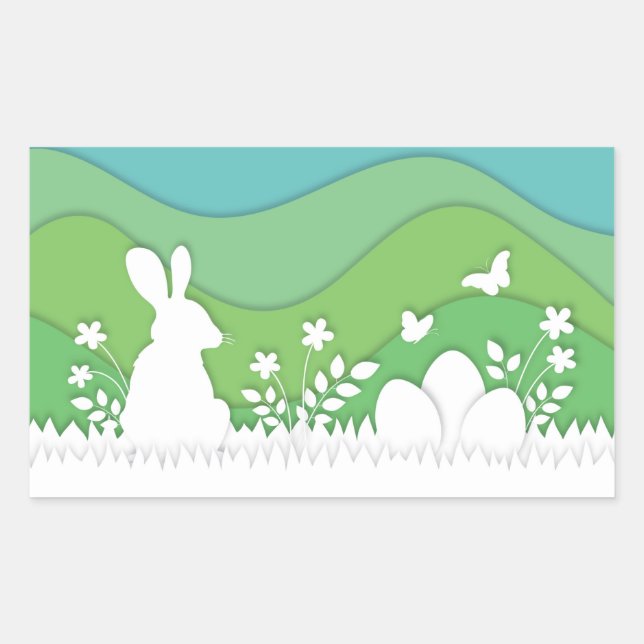 Easter bunny eggs papercut spring holiday nature rectangular sticker (Front)