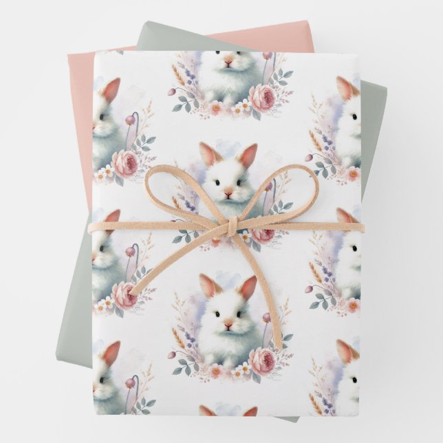Easter Bunny Face Pastel Wrapping Paper – Set of 3 (In situ)
