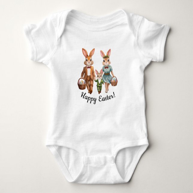 Easter Bunny Family Chasing Eggs Baby Bodysuit (Front)