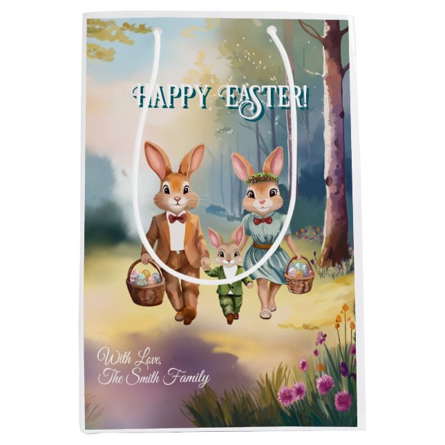 Easter Bunny Family Chasing Eggs  Medium Gift Bag (Front)