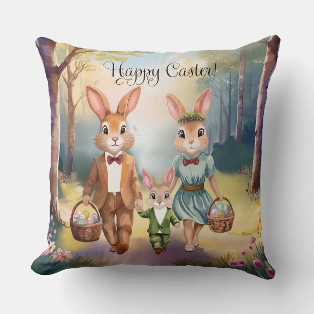 Easter Bunny Family Chasing Eggs - Watercolor Cushion (Front)