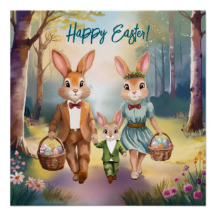 Easter Bunny Family Chasing Eggs - Watercolor Poster