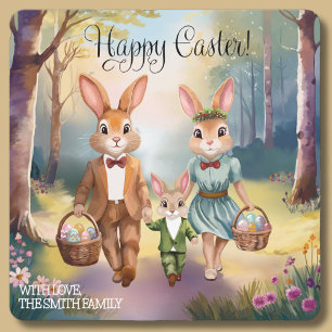 Easter Bunny Family Hunting for Eggs - Watercolor Card
