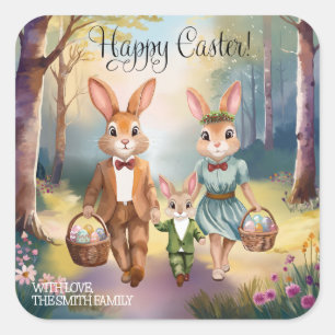 Easter Bunny Family Hunting for Eggs - Watercolor Square Sticker