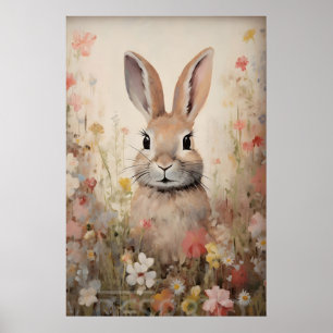Easter Bunny Flower Field Print, Cottagecore Poster