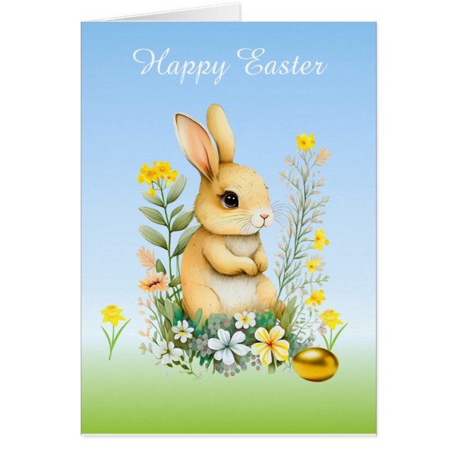 Easter Bunny, Flowers & Golden Egg on Light Blue (Front)