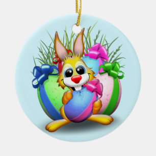Easter Bunny Funny and Cute Character Biting an Eg Ceramic Tree Decoration