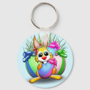 Easter Bunny Funny and Cute Character Biting an Eg Key Ring