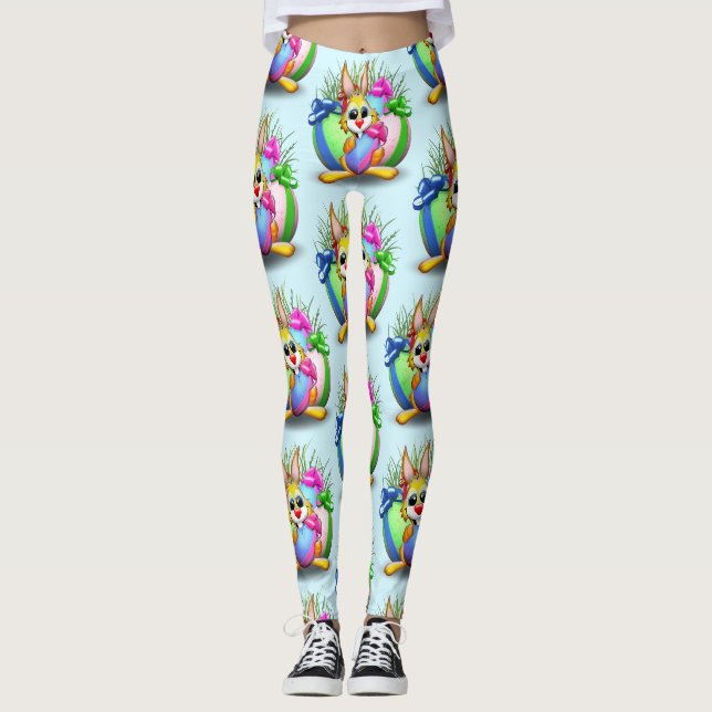 Easter Bunny Funny and Cute Character Biting an Eg Leggings (Front)