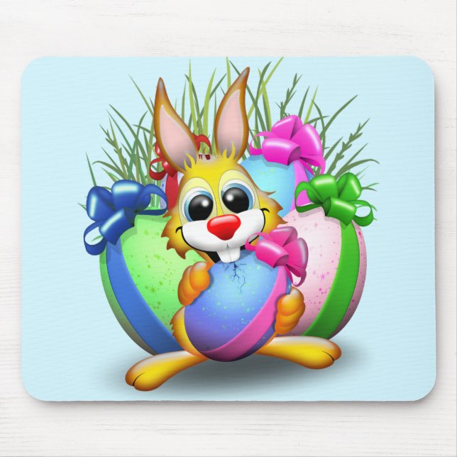Easter Bunny Funny and Cute Character Biting an Eg Mouse Pad (Front)